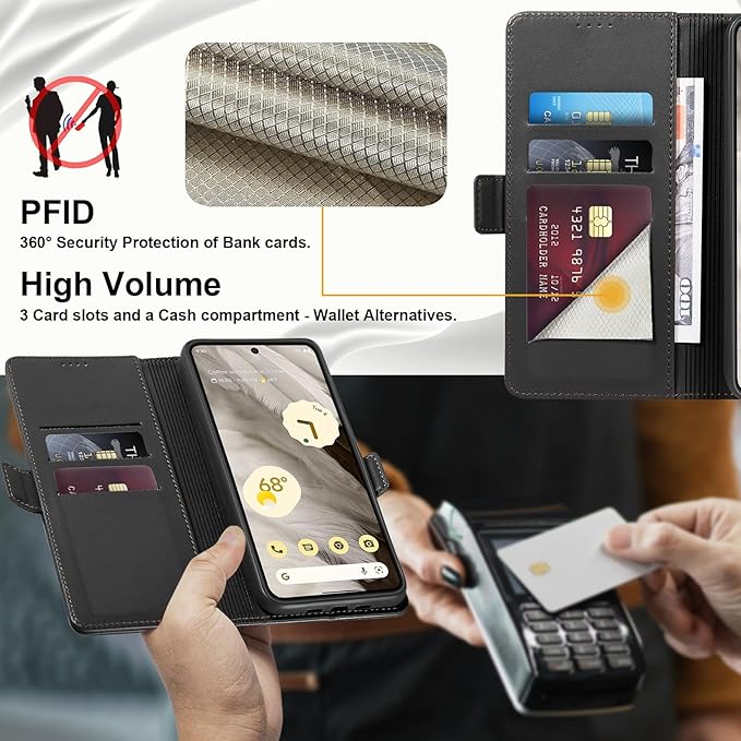 Wallet Flip Case for Google Pixel 7A - [RFID Blocking] Luxury PU Leather Card Holder Magnetic Phone Cover with Kickstand,Shockproof Protective Case,Black