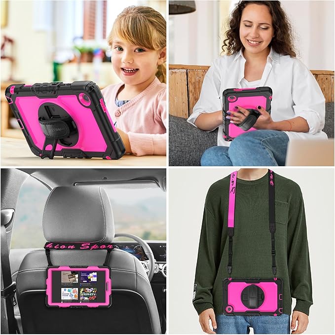 SEYMAC stock Tablet Case for Lenovo Tab One (TB305FU) 8.7 inch Drop-Proof Protection Cover with 360° Rotate Stand & Strap [Pen Holder] & Screen Protector/K9 2025, Rose+Black