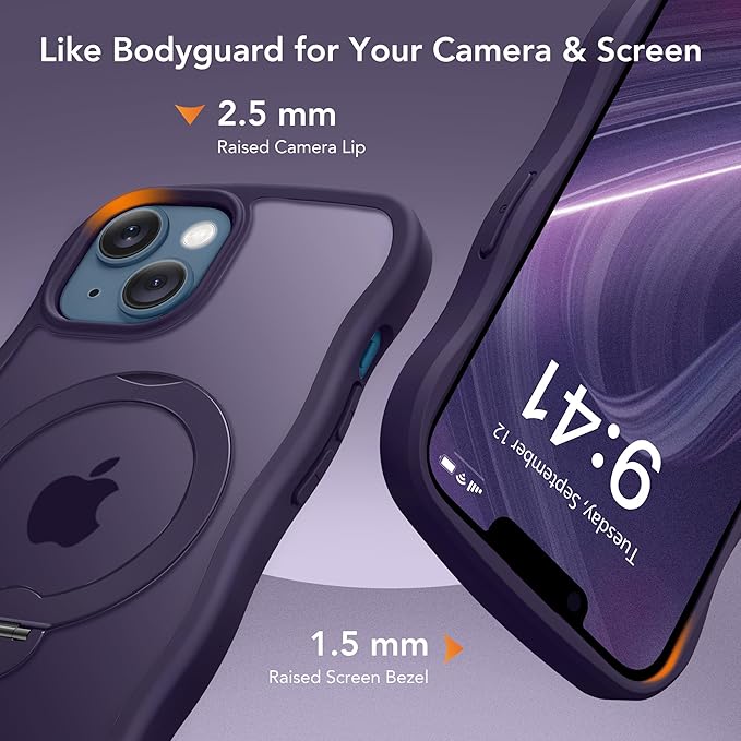 for iPhone 13 Case & iPhone 14 Case for Women,[Compatible with Magsafe][360° Spin Magnetic Stand][Cute Wave Edge][Military-Grade Protection]Translucent Matte Phone case for iPhone 13/14, Dark Purple