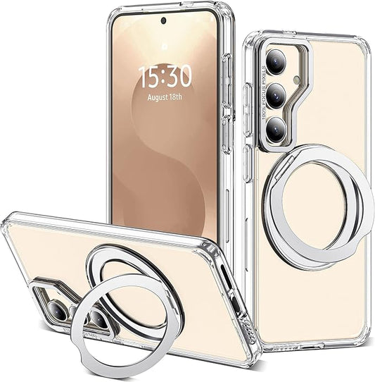 for Samsung Galaxy S25 Case with 360°Rotatable Magnetic Ring Stand Compatible with Mag-Safe Military Protection Shockproof Transparent Phone Cases for S25 6.2",Clear