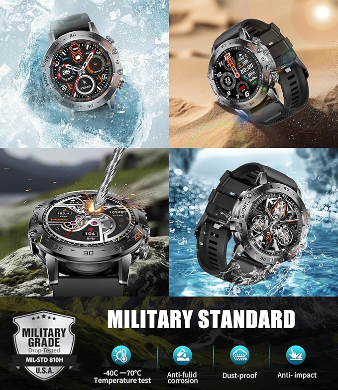 SUNKTA Smart Watch for Men(Answer/Dial Calls),1.43'' AMOLED/100 Sports Modes, 5ATM Waterproof Fitness Watch with Heart Rate/SpO2/pedometer for Android and iOS,Round Smartwatch Black