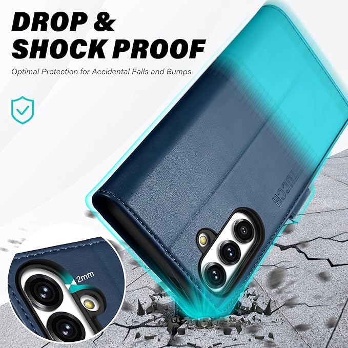 TUCCH Wallet Case for Galaxy S25 5G, Magnetic PU Leather Kickstand [RFID Blocking] Card Slot Folio Cover with [TPU Shockproof Inner Shell] Compatible with Galaxy S25 6.2" 2025, Blue & Lake Blue