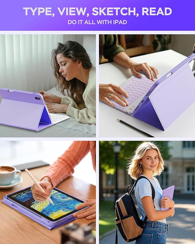 Folio Keyboard Case for iPad 10th Gen 10.9 inch (2022) and iPad 11th (A16, 2025), Magnetic Wireless Detachable Keyboard, 7-Color Backlight, Thin & Light, Pencil Holder (Purple)