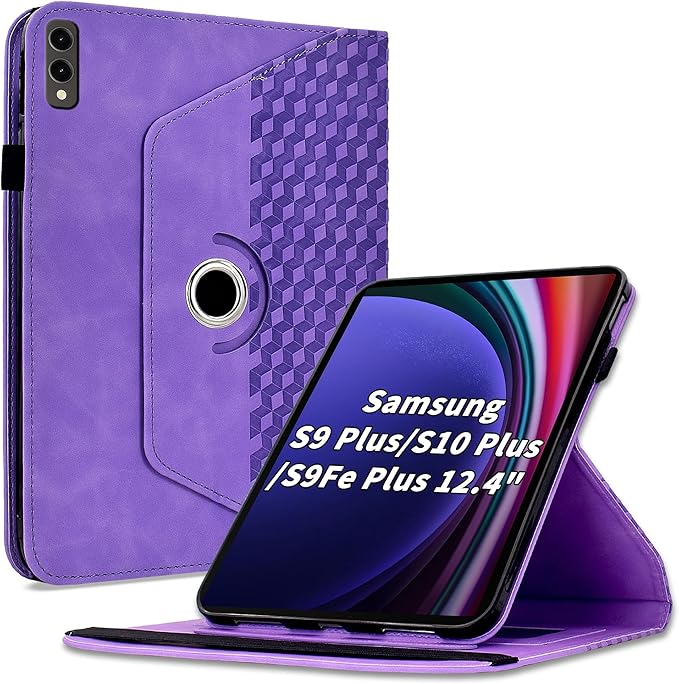 Case for Samsung Galaxy Tab S10 Plus 2024/ S9 Plus/S9FE Plus 12.4,360 Degree Rotating PU Leather Folio Protective Cover with Auto Sleep/Wake,Card Holder&Shoulder Strap for Woman Man, Purple