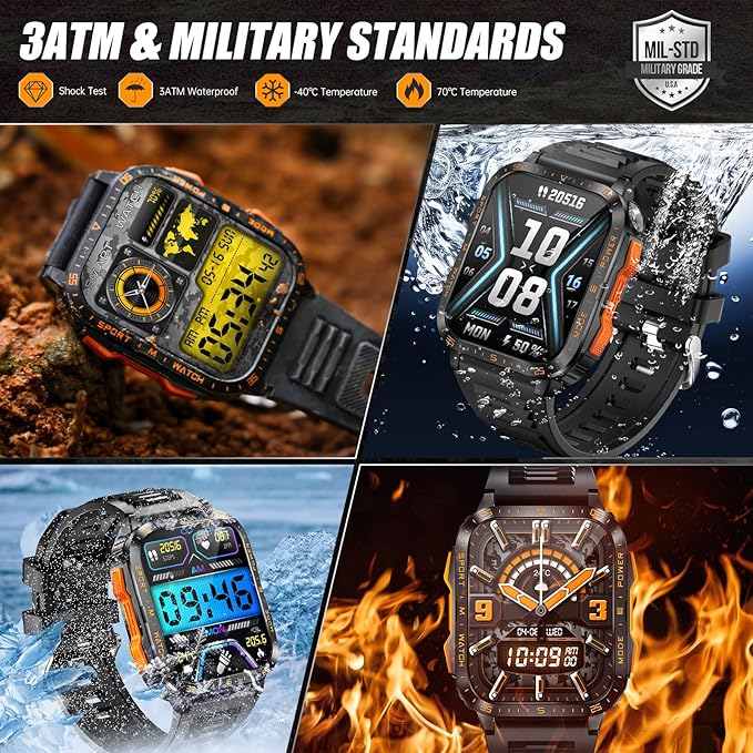 Military Smart Watch for Men with LED Flashlight/UV Light 3ATM Waterproof 1.96" Big Screen Rugged Tactical Smartwatch with Text and Call Fitness Tracker with HR/Sleep Monitor for iPhone Android