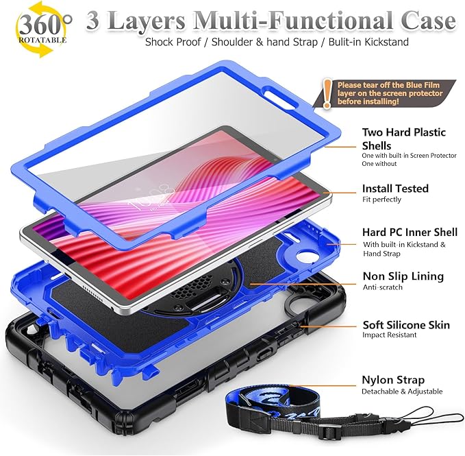 SEYMAC stock Tablet Case for Lenovo Tab One (TB305FU) 8.7 inch Drop-Proof Protection Cover with 360° Rotate Stand & Strap [Pen Holder] & Screen Protector/K9 2025, Blue+Black