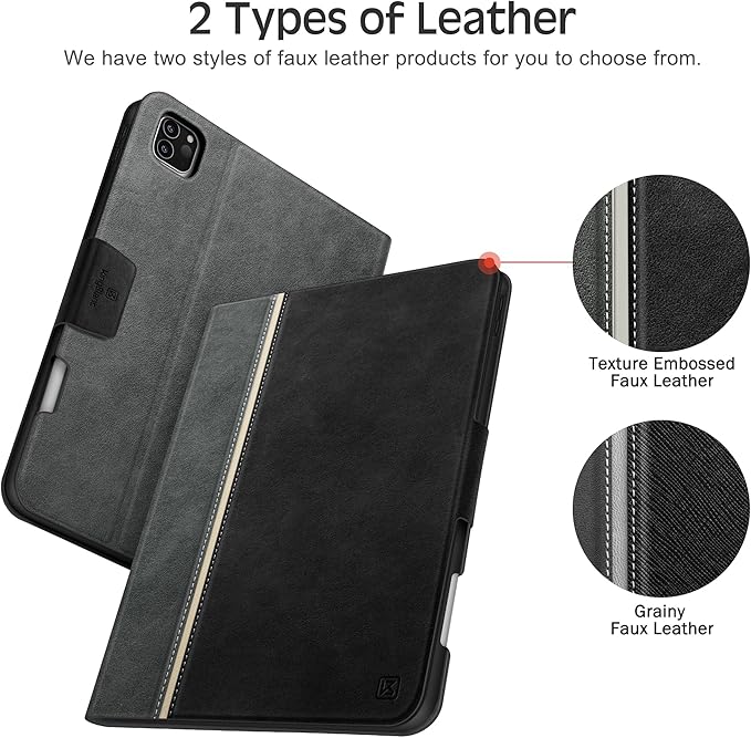 KingBlanc Case for iPad Pro 11 inch (M4) 2024 with Pencil Holder, Vegan Leather Smart Stand Cover, Auto Sleep Wake, Support Pencil Pro/(USB-C), Angles for Viewing/Writing, Durable Protection, Black