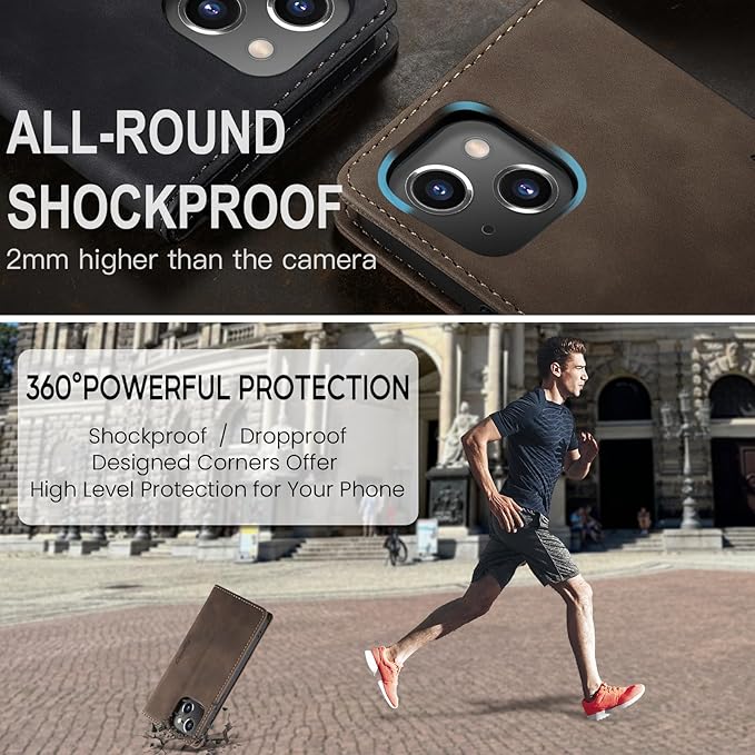 for iPhone 15 Plus Case, Flip Wallet Leather Case with Card Holder Magnetic Closure Shockproof Kickstand Protective Phone Cases Cover for iPhone 15 Plus, Coffee