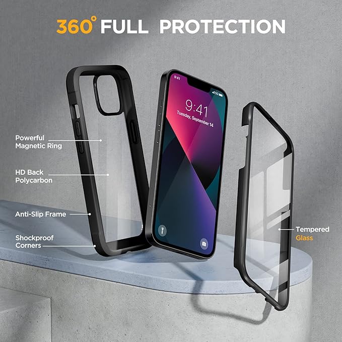 Miracase Compatible with iPhone 13 Mini case 5.4 inch, 2023 Upgrade Full-Body Glass Clear Case Bumper Case with Built-in 9H Tempered Glass Screen Protector for iPhone 13 Mini, Black