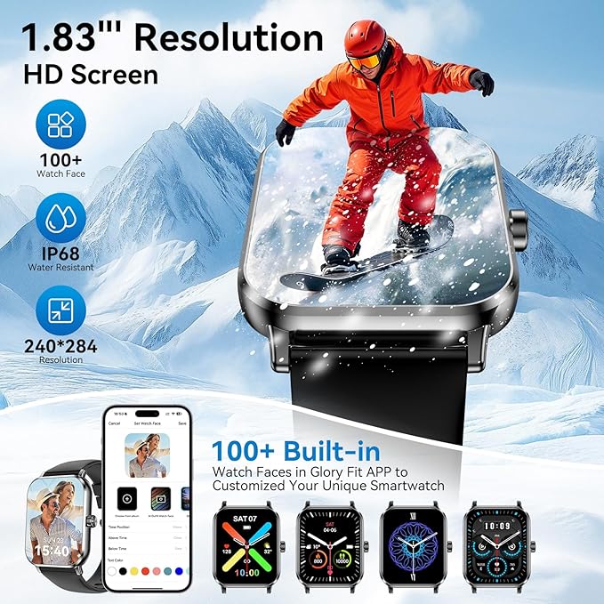 Smart Watch for Men Women, 1.83" HD Touchsreen, Bluetooth Calling, 5 ATM Water-Resistance, 130+ Sports Modes, Health, Fitness & Sleep Tracker, Timer, Fitness Watch for Android/iOS, Black