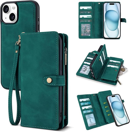 TwoHead Wallet Case Compatible with iPhone 15,Detachable Magnetic Phone Case,All-Round Protective Leather Phone Case with Card Holder,6.1 in,Green