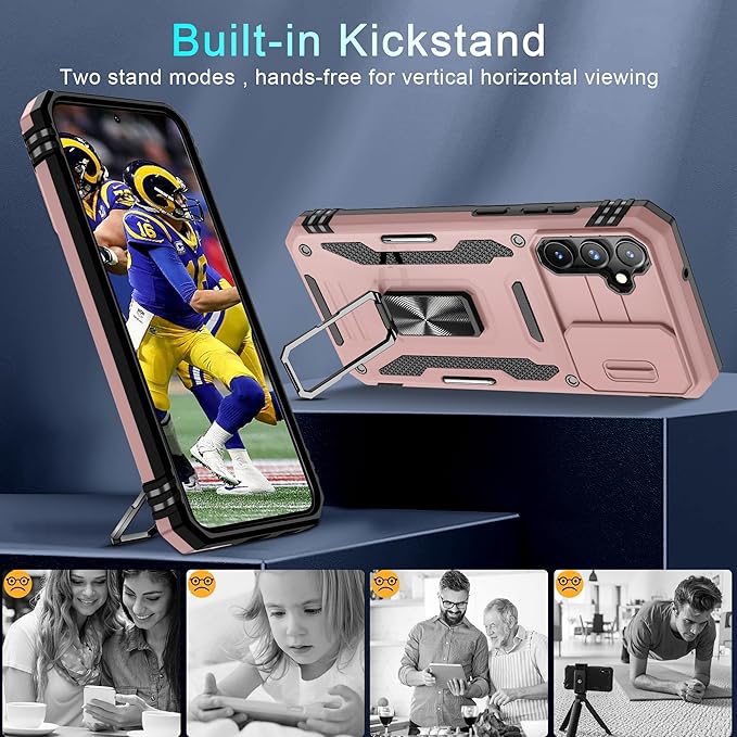 DEERLAMN Case for Samsung Galaxy S23 FE 6.4-Inch with Slide Camera Cover+Screen Protector(1 Pack),Rotated Ring Kickstand Military Grade Shockproof Protective Cover-Rose Gold