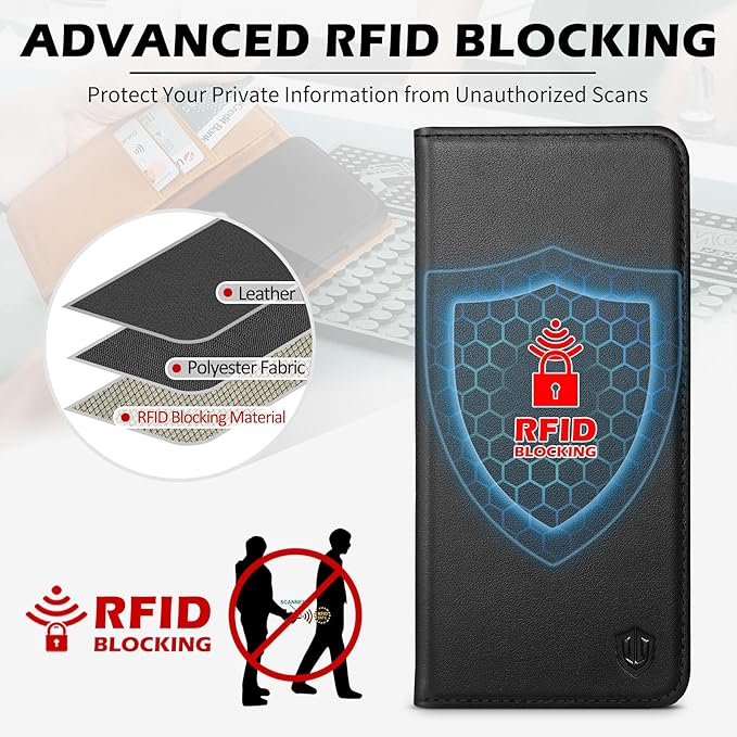 SHIELDON Case for Galaxy S25 Edge 6.7", Genuine Leather Folio Wallet Cover with Kickstand RFID Blocking Card Holder Magnetic Full Protective Case Compatible with Galaxy S25 Edge 2025 - Nappa Black