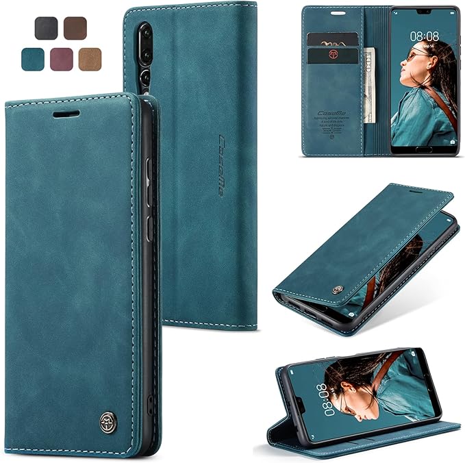 for Huawei P20 Pro Case, Flip Wallet Leather Case with Card Holder Magnetic Closure Shockproof Kickstand Protective Phone Cases Cover for Huawei P20 Pro,Blue-Green