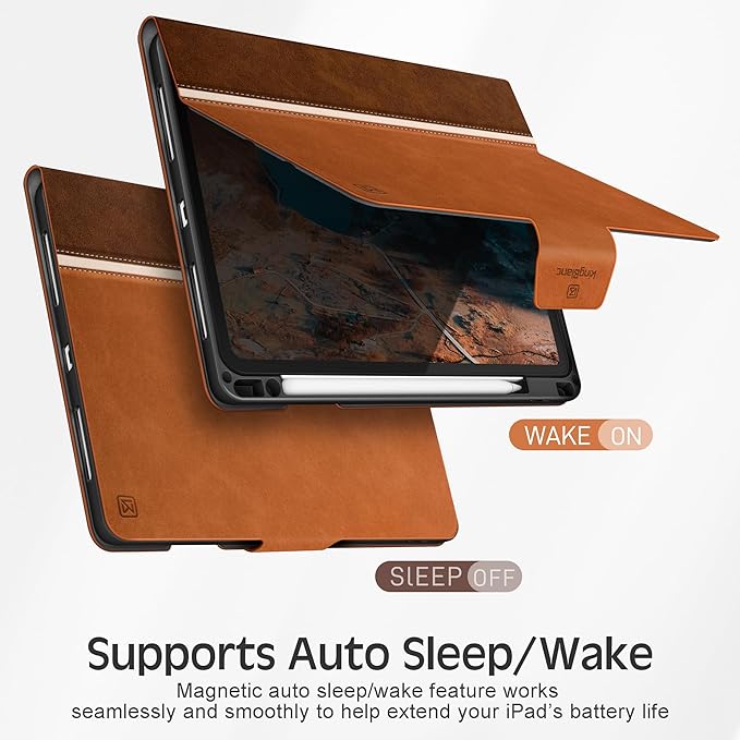 KingBlanc for iPad Air 11-inch Case M3 (2025) / M2 (2024), iPad Air 5th/4th Generation (2022/2020, 10.9") with Pencil Holder, Vegan Leather Stand Cover, Auto Sleep Wake, Viewing/Typing Angle, Brown