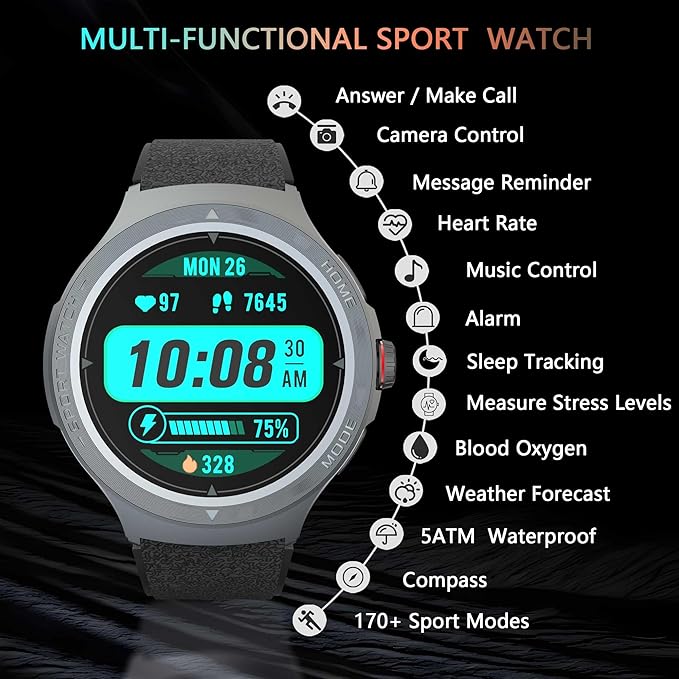 Military Smart Watch with Heart Rate Monitor/Compass/Flashlight/GPS, 1.43" Smartwatch with 170+ Sport Modes,5ATM Waterproof Fitness Watch for Men & Women, Compatible iOS Android (Black)