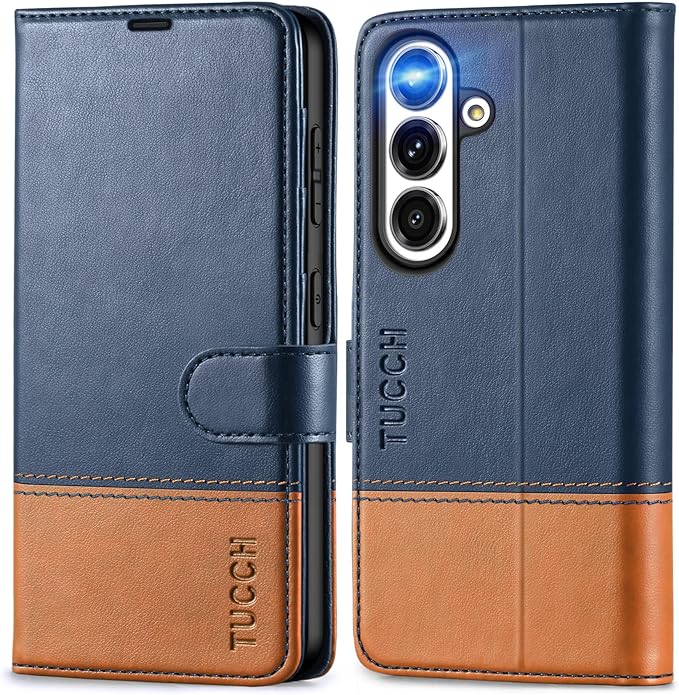 TUCCH Case Wallet for Galaxy S25, PU Leather Magnetic Kickstand [RFID Blocking] Card Slot Folio Flip Cover with [TPU Shockproof Interior Case] Compatible with Galaxy S25 6.2" 2025, Blue & Brown