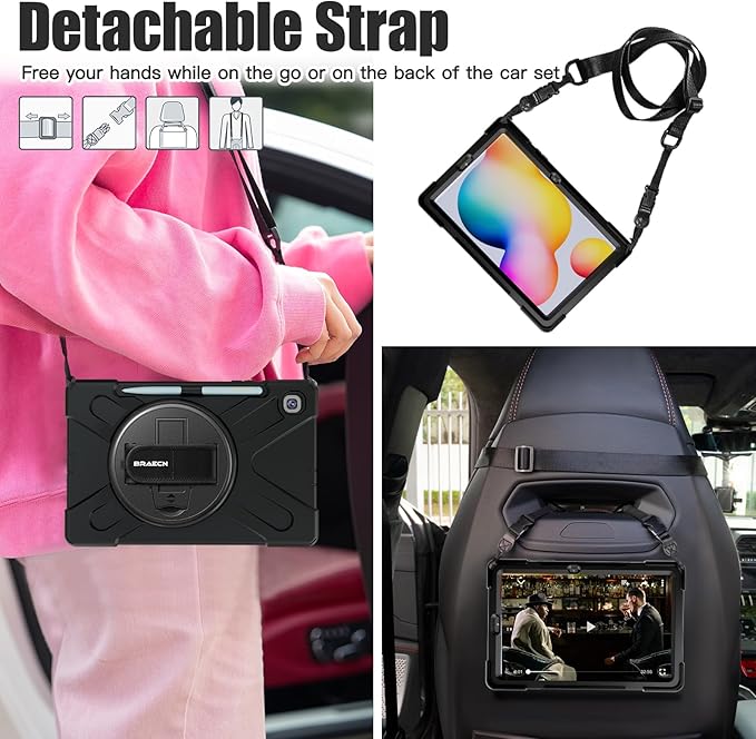 BRAECNstock for Samsung Galaxy Tab S6 Lite Case 10.4 Inch 2024/2022/2020 (SM-P620/P610/P619) Shockproof Rugged Protective Tab S6 Lite Kids Case with Pencil Holder, Rotating Stand & Hand Strap - Black