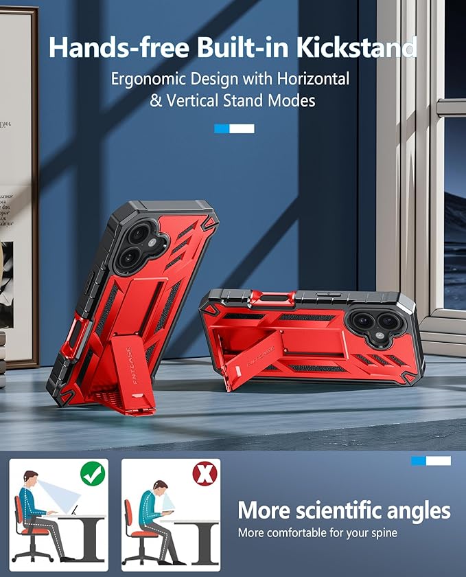 FNTCASE for iPhone 16 Phone Case: for iPhone 16 case with Kickstand Shockproof Military Grade Protective Cover - Dual Layer Full Protection Sturdy Matte Textured Drop Proof - 6.1 Inch Red