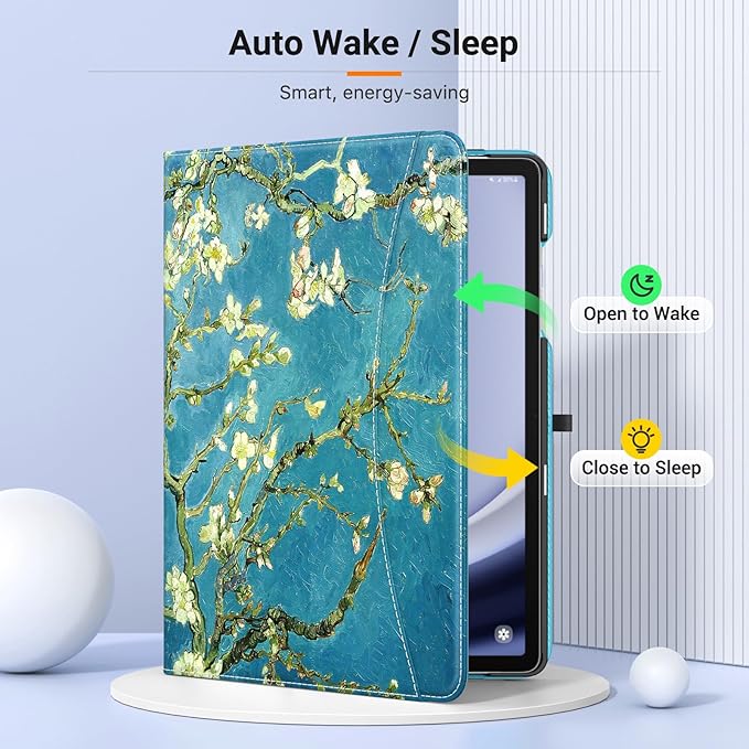 MoKo Case for Samsung Galaxy Tab A9 Plus 11" 2023 (SM-X210/SM-X216/SM-X218), PU Leather Multi-Angle Viewing Folding Stand Cover Case with Hand Strap, Front Pocket, Auto Wake/Sleep, Almond Blossom
