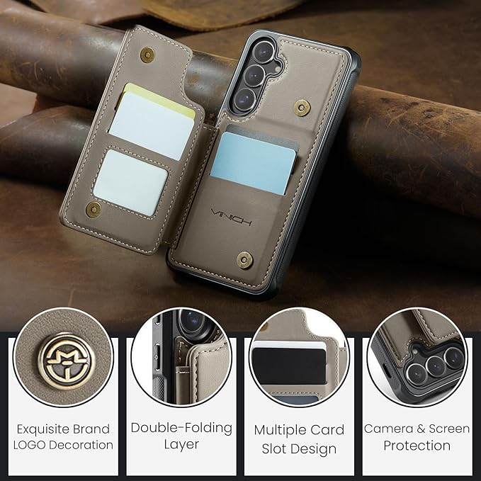 Vinich for Samsung Galaxy S25 Wallet Case with Card Holder, RFID Blocking Credit Slots Kickstand Shockproof Phone Cover for Women Men, Gray