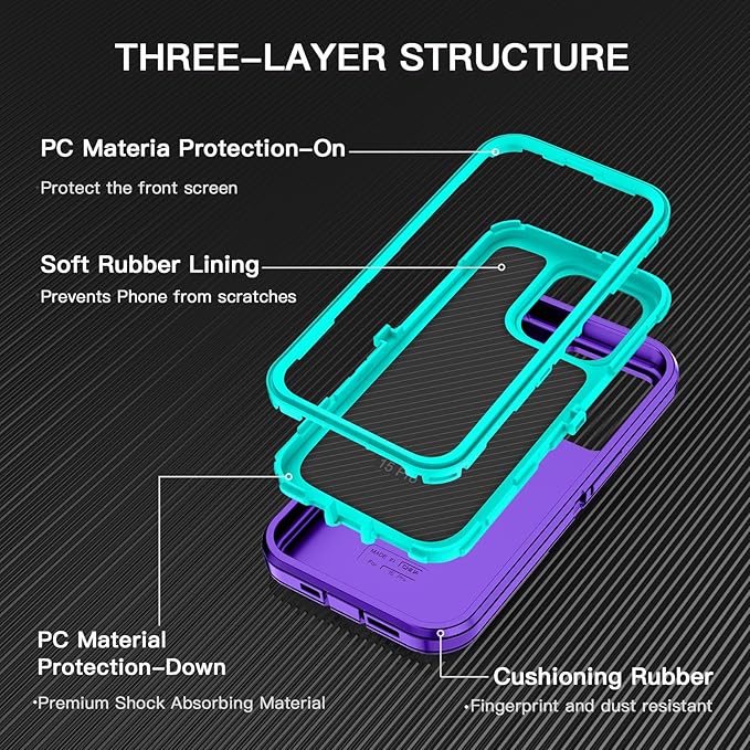 for iPhone 15 Pro Case Shockproof Dust/Drop Proof 3-Layer Full Body Protection [Without Screen Protector] Rugged Heavy Duty Cover Case for Apple iPhone 15 Pro 6.1" 2023,Purple/Green
