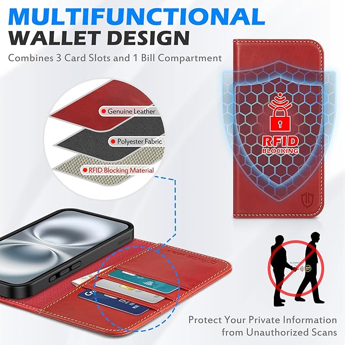 SHIELDON Case for iPhone 16 5G 2024, Genuine Leather Foldable Wallet Case Magnetic Closure Kickstand RFID Blocking Card Holder Shock-Absorbent Phone Cover Compatible with iPhone 16 6.1" - Retro Red