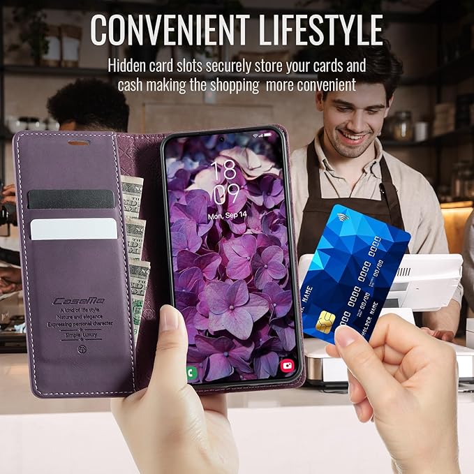 Wallet Case for Samsung Galaxy S23 5G Leather Wallet Flip Cover with Card Holder, Kickstand, Magnetic Closure, RFID Blocking TPU Shockproof Phone Case Compatible with Galaxy S23, Purple