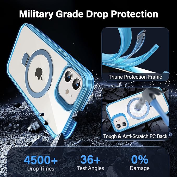 Magnetic Case for iPhone 12/12 Pro - [Built-in Invisible Stand] [Compatible with MagSafe] [Military Grade Drop Protection] Anti-Yellowing Hard Back Silicone Edge Cover, 6.1", Clear Blue