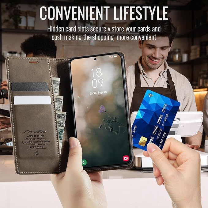 Wallet Case for Samsung Galaxy S24 FE Leather Wallet Flip Cover with Card Holder, Kickstand, Magnetic Closure, RFID Blocking TPU Shockproof Phone Case Compatible with Galaxy S24FE, Coffee