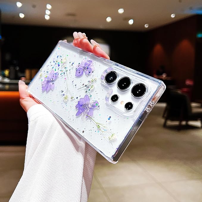 Compatible with Samsung Galaxy S25 Ultra Case Cute Pressed Dried Real Flowers Design Women Girly Shockproof Hard PC+ TPU Bumper Floral Phone Cover for Galaxy S25 Ultra (Light Purple)