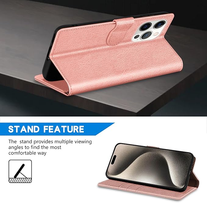 ZZXX for iPhone 15 Plus Wallet Case with [RFID Blocking] Card Slot Kickstand Magnetic Closure Leather Flip Fold Protective Phone Case for iPhone 15 Plus Case Wallet(Rose Gold-6.7 inch)