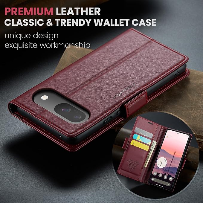 for Google Pixel 9/9 Pro Case, Premium PU Leather Wallet Case Flip Cover with [RFID Blocking][Card Holder][Stand Function] Shockproof Protective for Google 9/9 Pro, Red