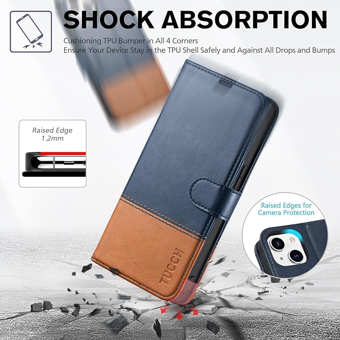 TUCCH Wallet Case for iPhone 14, [RFID Blocking] [4 Card Slots] TPU Interior Protective Case, Magnetic Folio Shockproof PU Leather Stand Flip Cover Compatible with iPhone 14 6.1 5G, Blue&Brown