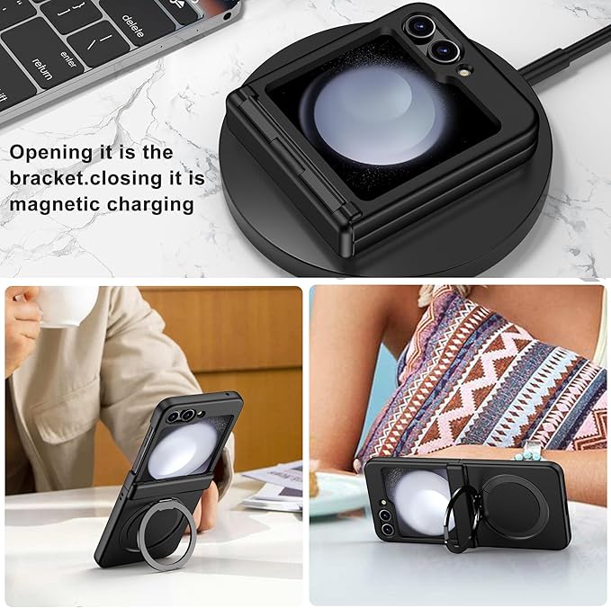 Magnetic Case for Samsung Galaxy Z Flip 5 Compatible with Magsafe, Built-in Kickstand & TPU Hinge Protection Flip 5 Case, Matte PC Cover Ultra Shockproof Phone Case for Z Flip5 (Black)