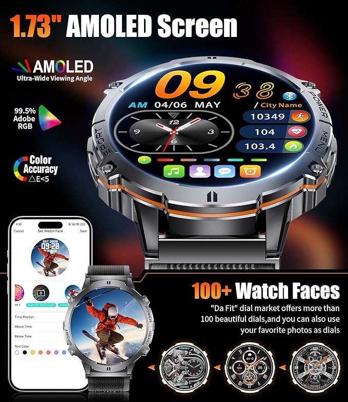 LIGE Military Smart Watch with 900mAh Battery(60+Standby),1.73" AMOLED with Compass Altitude and Barometric Pressure,110+ Sports Mode Tactical Fitness Tracker/Bluetooth Call Android iOS Smartwatch