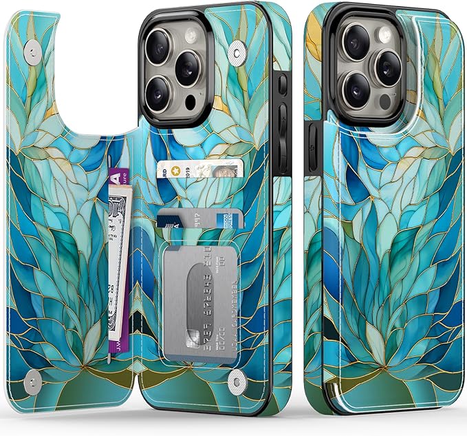 FUNMIKO for iPhone 14 Pro Wallet Case with Card Holder, RFID-Blocking, Military-Grade Protection & UV-Printed Artwork, Magnetic Closure with Leather Kickstand - Sleek Cyan Leaf