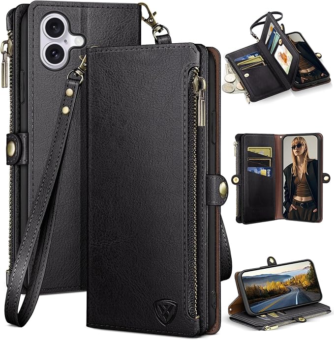 XcaseBar Compatible with iPhone 17 6.3" Wallet case with Zipper Credit Card Holder【RFID Blocking】,Flip Folio Book PU Leather Phone case Shockproof Cover Women Men for Apple 17 case Black