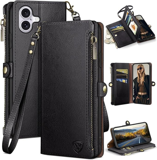XcaseBar Compatible with iPhone 17 6.3" Wallet case with Zipper Credit Card Holder【RFID Blocking】,Flip Folio Book PU Leather Phone case Shockproof Cover Women Men for Apple 17 case Black