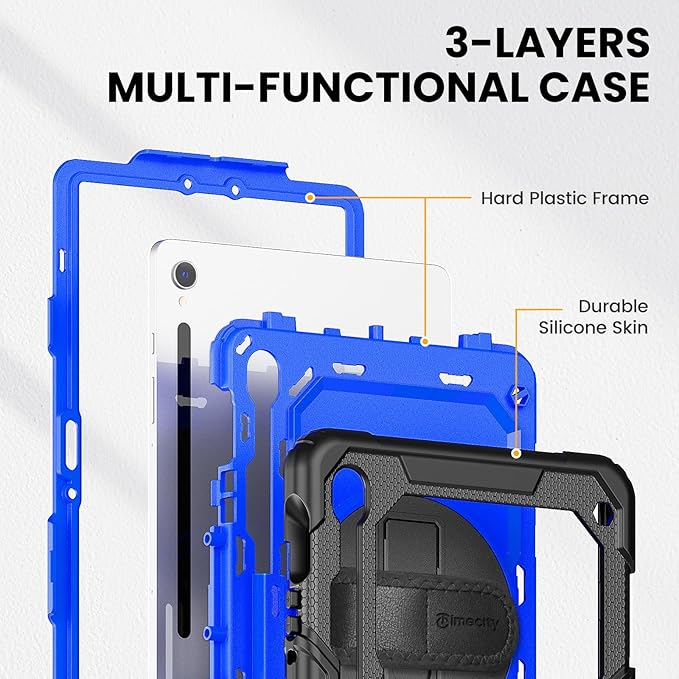 Timecity Case for Samsung Galaxy Tab S10 FE/ S9 FE 5G 10.9 Inch/ S9 11 Inch - Heavy Duty Protective Cover with Screen Protector, Rotating Stand, Shoulder Strap, S Pen Holder | Kids-Friendly, Dark Blue