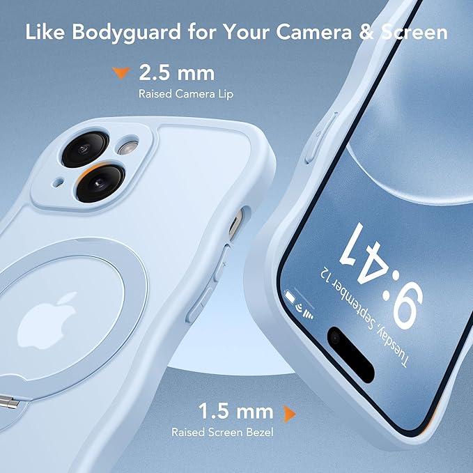 GolbinBox for iPhone 15 Case for Women,[Compatible with Magsafe][360° Spin Magnetic Stand][Cute Wave Edge][Military-Grade Protection] Translucent Matte Phone Case for iPhone 15, Sky Blue