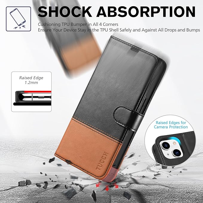 TUCCH Wallet Case for iPhone 14 5G, [RFID Blocking] Card Slot Holder Stand [Shockproof TPU Interior Case] PU Leather Magnetic Protective Flip Cover Compatible with iPhone 14 6.1", Black & Brown