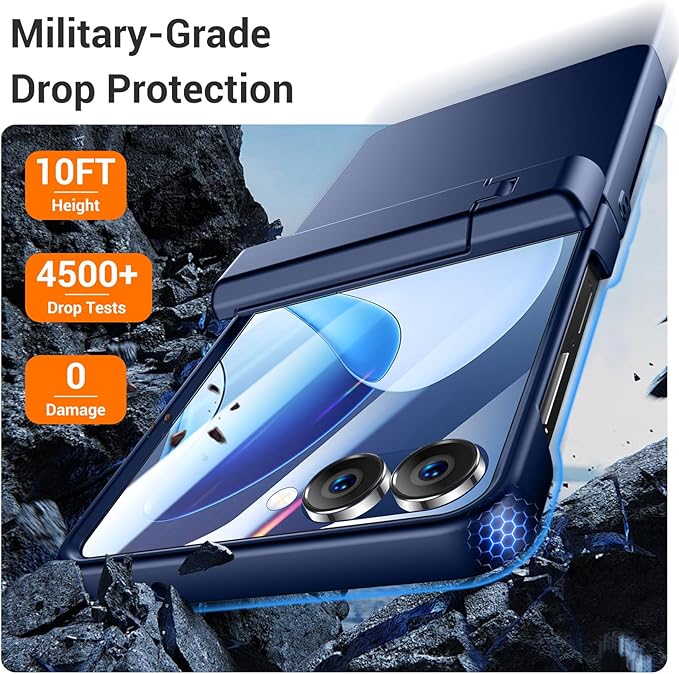Temdan for Samsung Galaxy Z Flip 7 Case with [Built-in Front Screen Protector] [Kickstand][Hinge Protection][Hard PC] Ultra-Thin Shockproof Protective Phone Case for Galaxy Z Flip 7-NavyBlue