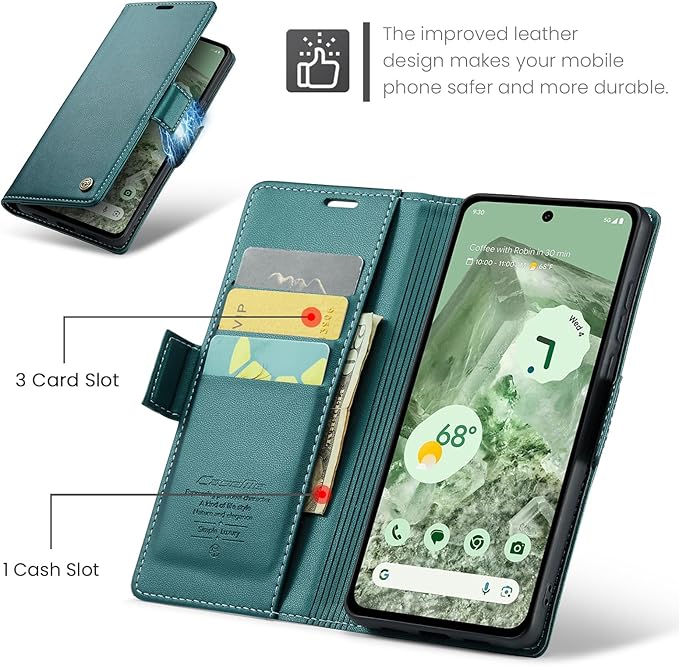 for Google Pixel 8A Case, Premium PU Leather Wallet Case Flip Cover with [RFID Blocking][Card Holder][Stand Function] Shockproof Protective for Google 8A, Blue-Green
