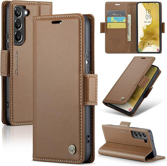 AUPAI for Samsung Galaxy S21 Wallet Case with Credit Card Holder, PU Leather RFID Blocking Folio Flip Kickstand Magnetic Clasp Protective Phone Cover for Women Men Brown