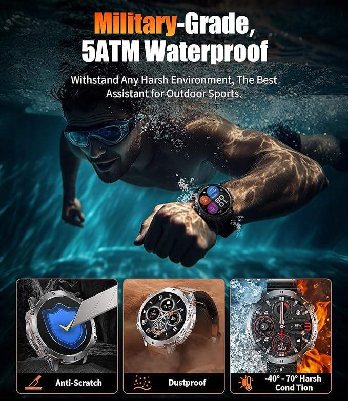 Smart Watches for Men with 900mAh(60+Standby),1.73" AMOLED Reloj Inteligente para Hombre with Bluetooth Call,110+ Sports Mode Fitness Tracker/Heart Rate Sleep Health Monitor/Android iOS Smart watch
