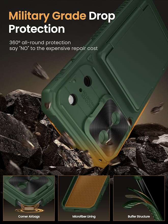 Vihibii for iPhone 17 Pro Case with Card Holder (4 Cards) [RFID Blocking] & Slide Camera Cover, Military Grade Drop Protection, Rugged Hard Back & Silicone Edge Wallet Phone Case 6.3" 5G 2025, Green