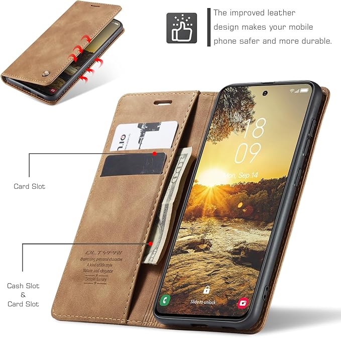 QLTYPRI Case for Samsung Galaxy S24, Vintage PU Leather Wallet Case Card Slot Kickstand Magnetic Closure Shockproof Flip Folio Case Cover for Samsung Galaxy S24 - Brown
