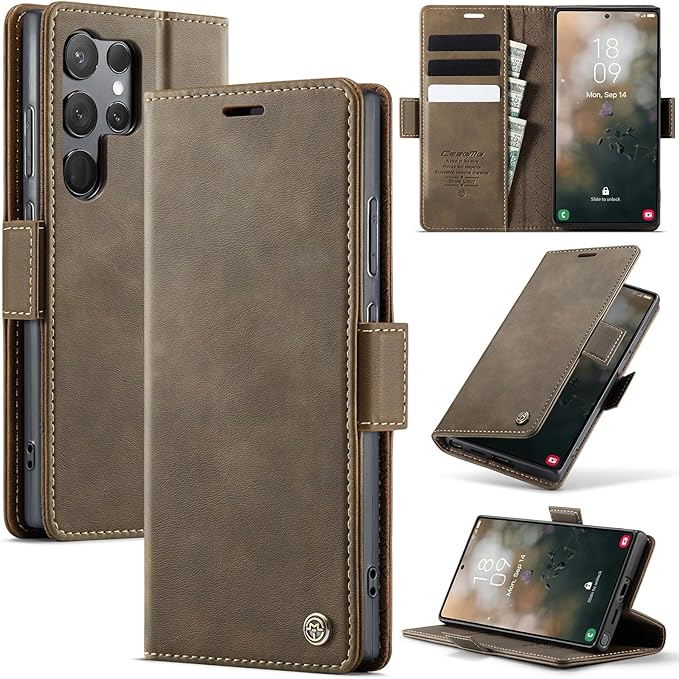 Wallet Case for Samsung Galaxy S23 Ultra Leather Wallet Flip Cover with Card Holder, Kickstand, Magnetic Closure, RFID Blocking TPU Shockproof Phone Case Compatible with S23 Ultra, Coffee