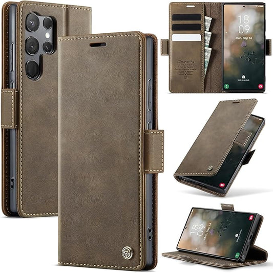 Wallet Case for Samsung Galaxy S23 Ultra Leather Wallet Flip Cover with Card Holder, Kickstand, Magnetic Closure, RFID Blocking TPU Shockproof Phone Case Compatible with S23 Ultra, Coffee